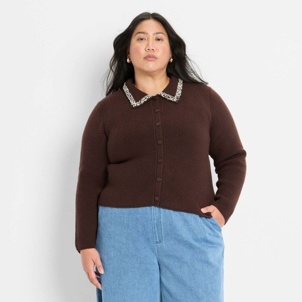 Women's Embellished Collar Cardigan Sweater - Future Collective Dark Brown XXL